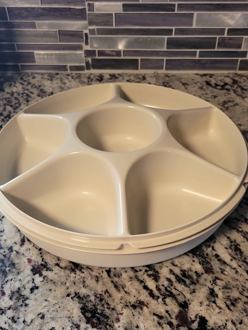 Tupperware Beige 6-Compartment Serving Tray with Center Dip With Lid